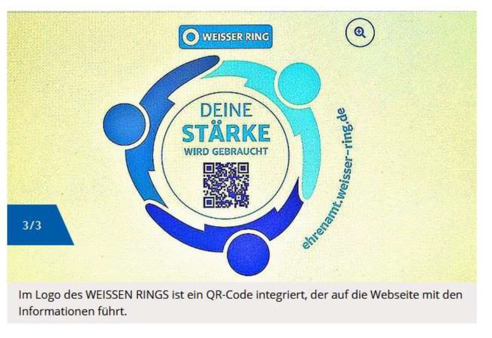 Im Logo des WEISSEN RINGS ist ein QR-Code integriert, der auf die Webseite mit den Informationen führt